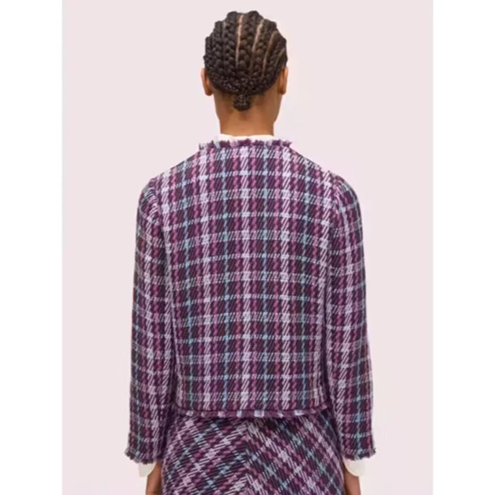 KATE SPADE Purple Plaid Tweed Jacket Office Preppy Clueless Academia SIZE 6
